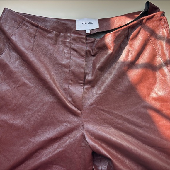 Low Rise Elegant Burgundy Vegan Leather Pants - Picture 4 of 5